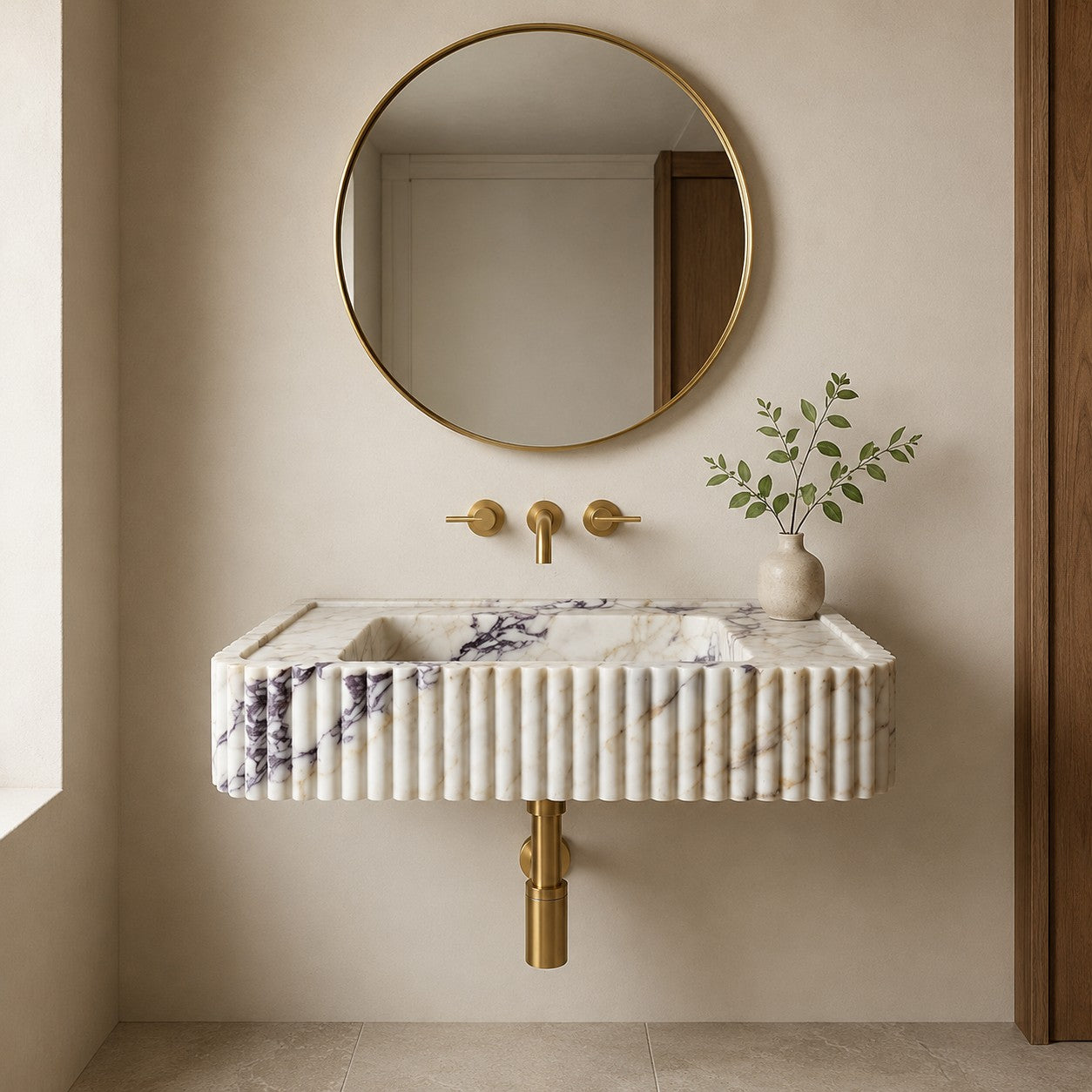 A modern wall-mounted sink with a ribbed white marble front, a round gold-framed mirror above, and gold wall-mounted fixtures in a warm beige bathroom setting.