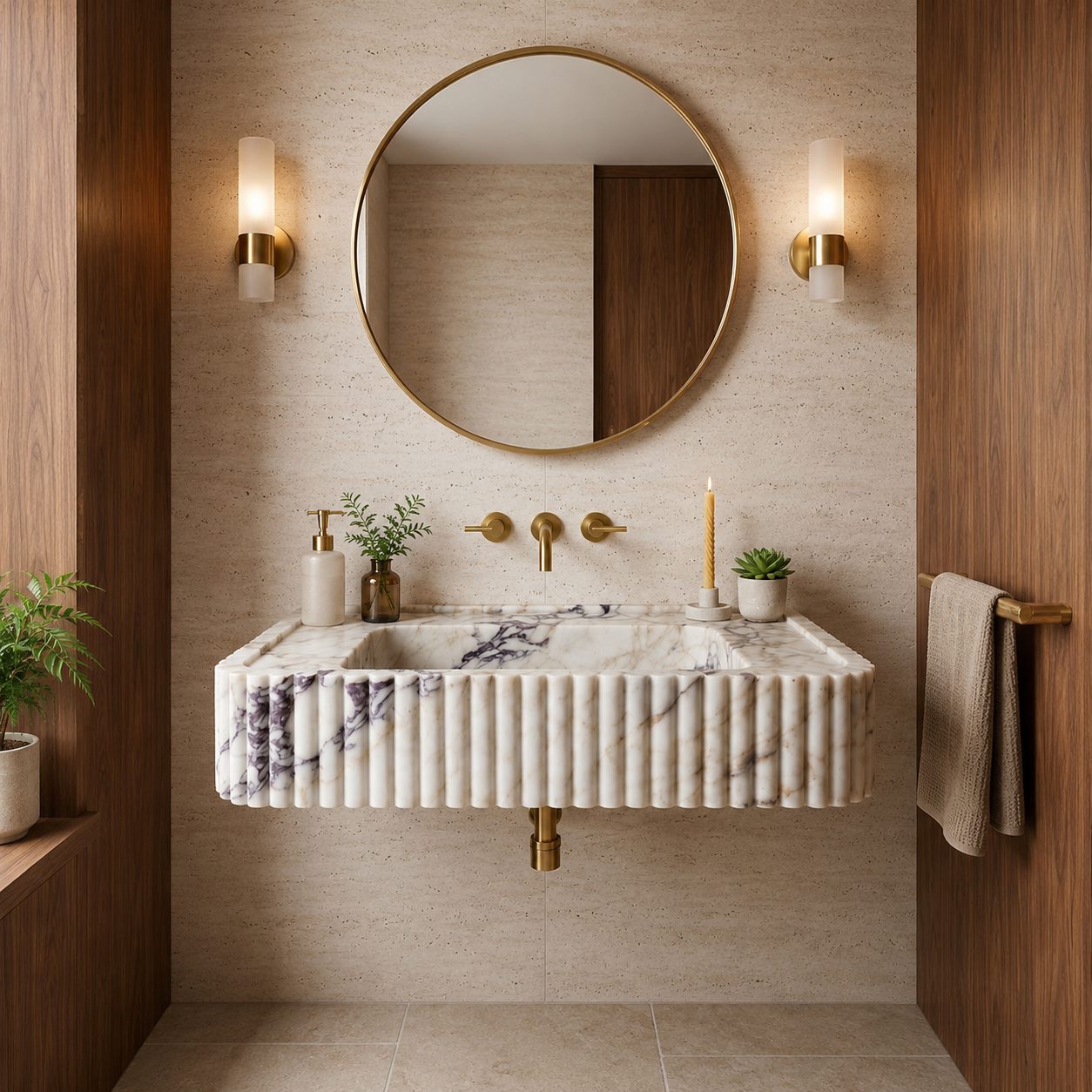 A modern floating bathroom vanity with a ribbed white marble sink, gold wall-mounted fixtures, a round gold-framed mirror, and warm wood paneling on both sides.