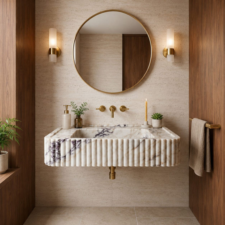 A modern floating bathroom vanity with a ribbed white marble sink, gold wall-mounted fixtures, a round gold-framed mirror, and warm wood paneling on both sides.