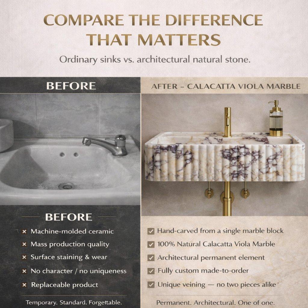 Before and after comparison of a sink made from Calacatta Viola marble.