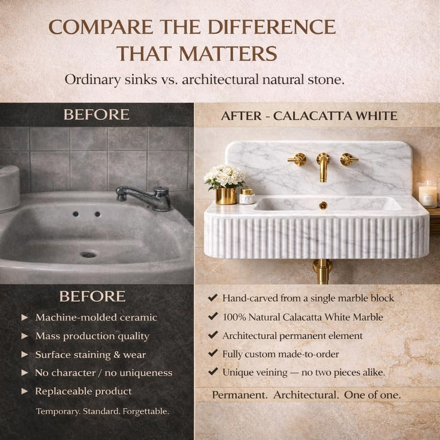Comparison of ordinary sink vs. architectural natural stone Calacatta White sink with text highlighting differences.