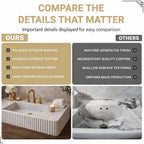Comparison chart of a polished stone sink with labeled features and sink on a white background.