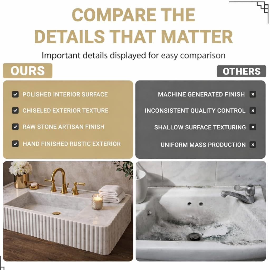 Comparison chart of a polished stone sink with labeled features and sink on a white background.