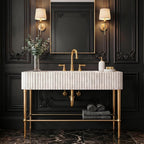 Luxurious bathroom vanity with marble countertop, gold fixtures, and decorative elements.
