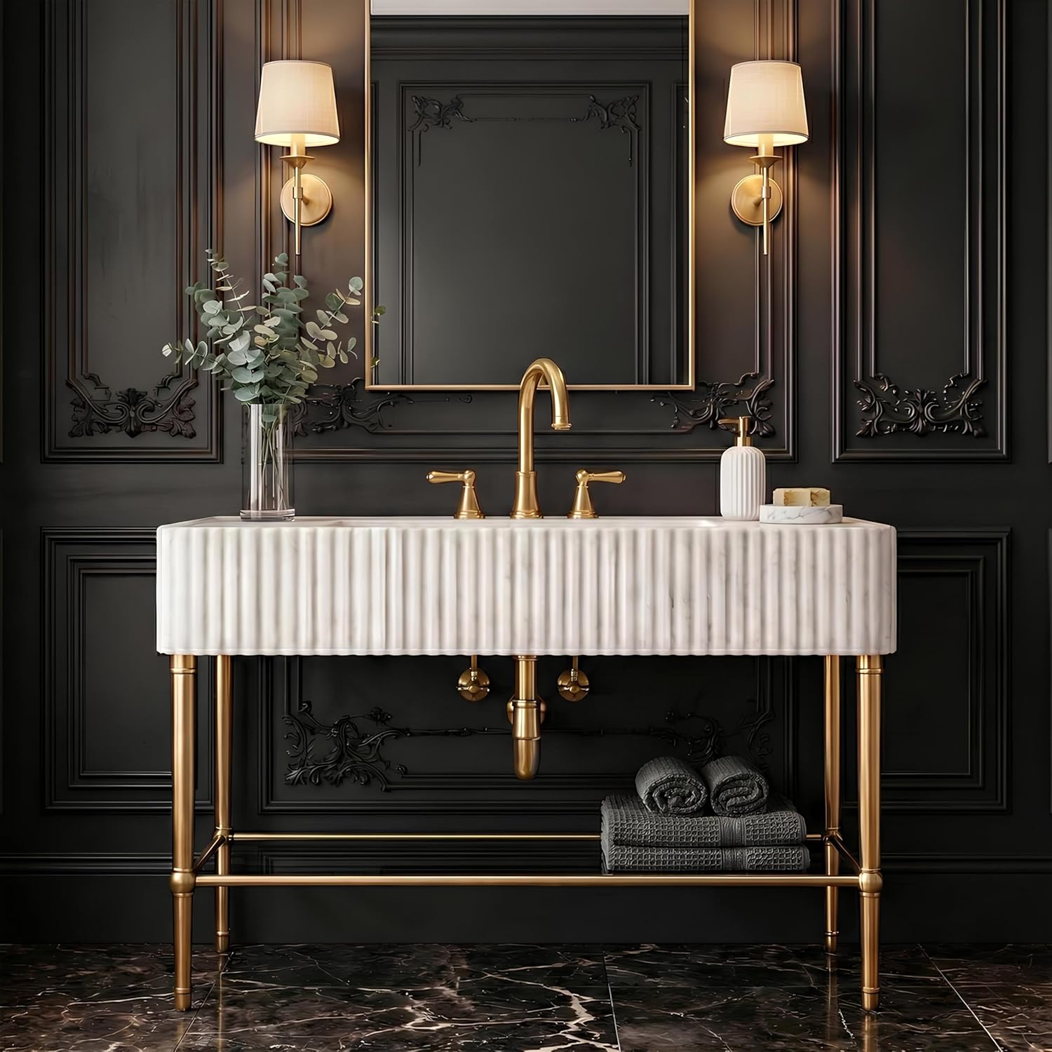 Luxurious bathroom vanity with marble countertop, gold fixtures, and decorative elements.