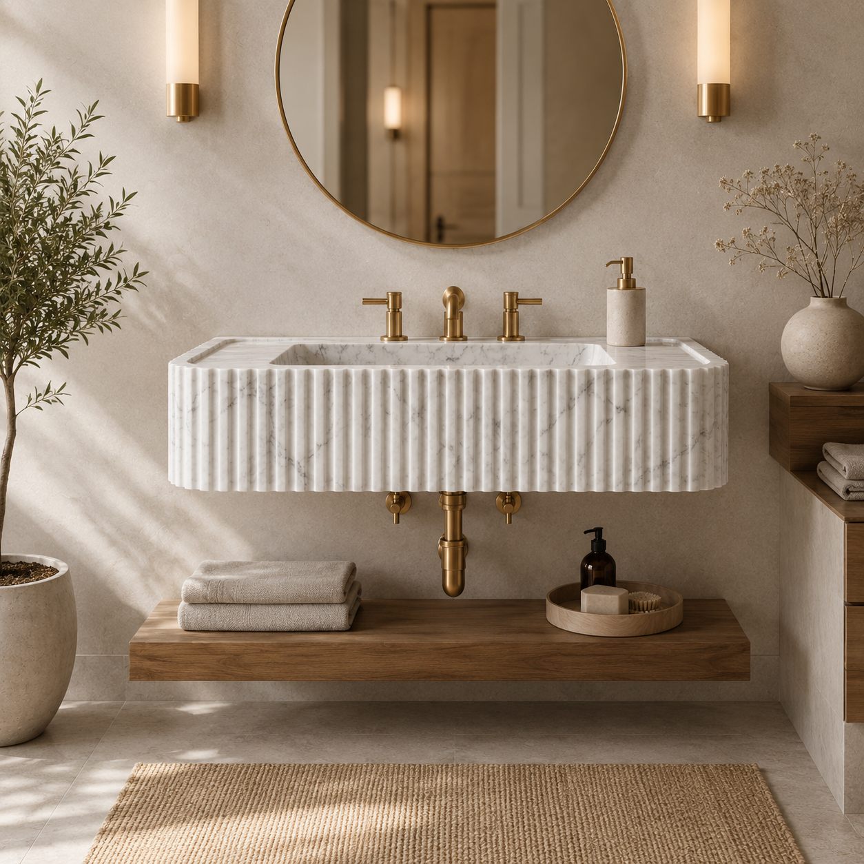 A modern floating bathroom vanity with a ribbed white marble sink, gold faucets, a wooden shelf, and a round wall mirror in a softly lit neutral bathroom setting.