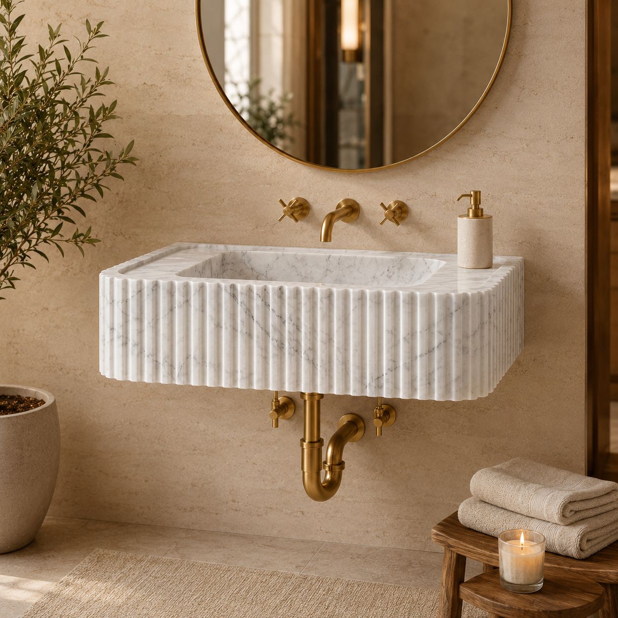 A modern wall-mounted rectangular sink made of white fluted marble with a brushed gold brass faucet and exposed drain, set in a warm beige bathroom with a round mirror, folded towels, and a lit candle.
