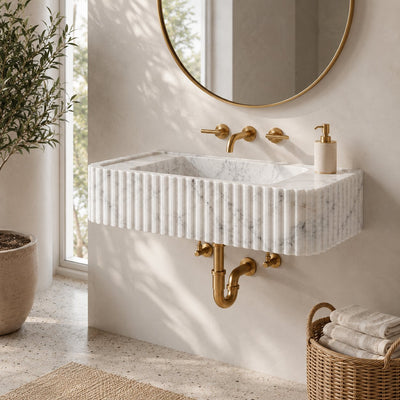 Carrara White Marble Sink — Hand-Carved Fluted Rectangular Basin