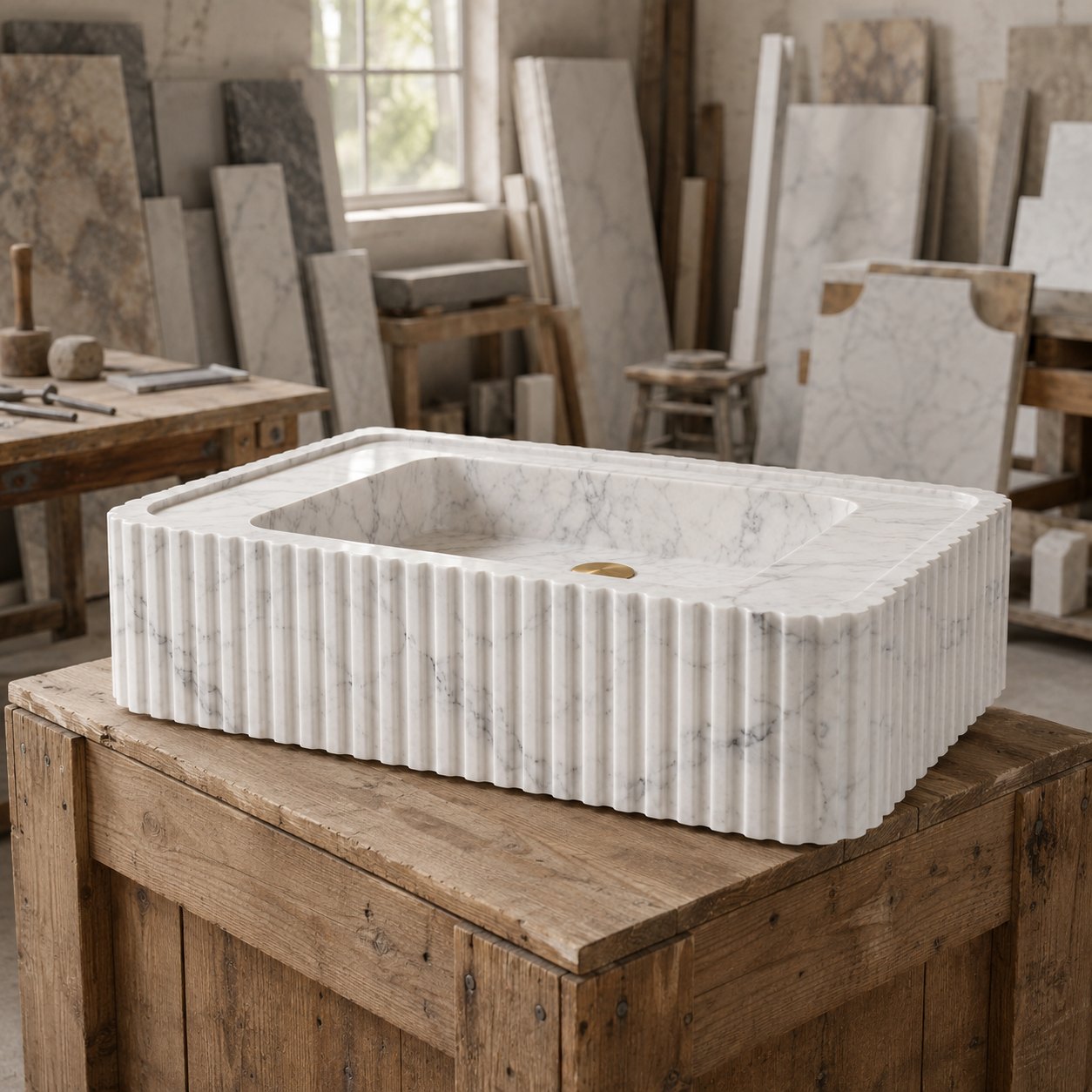 A rectangular white marble sink basin with fluted edges, displayed on a rustic wooden table inside a stone and wood workshop.