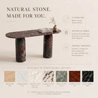 Marble table with customization options on a beige background