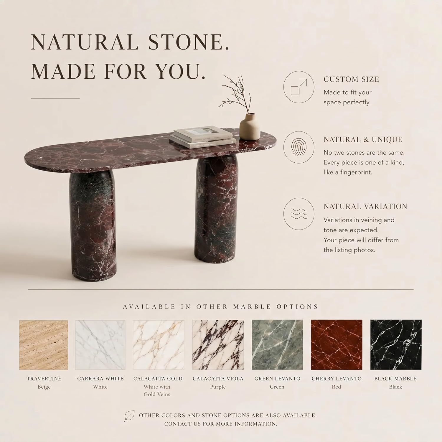 Marble table with customization options on a beige background