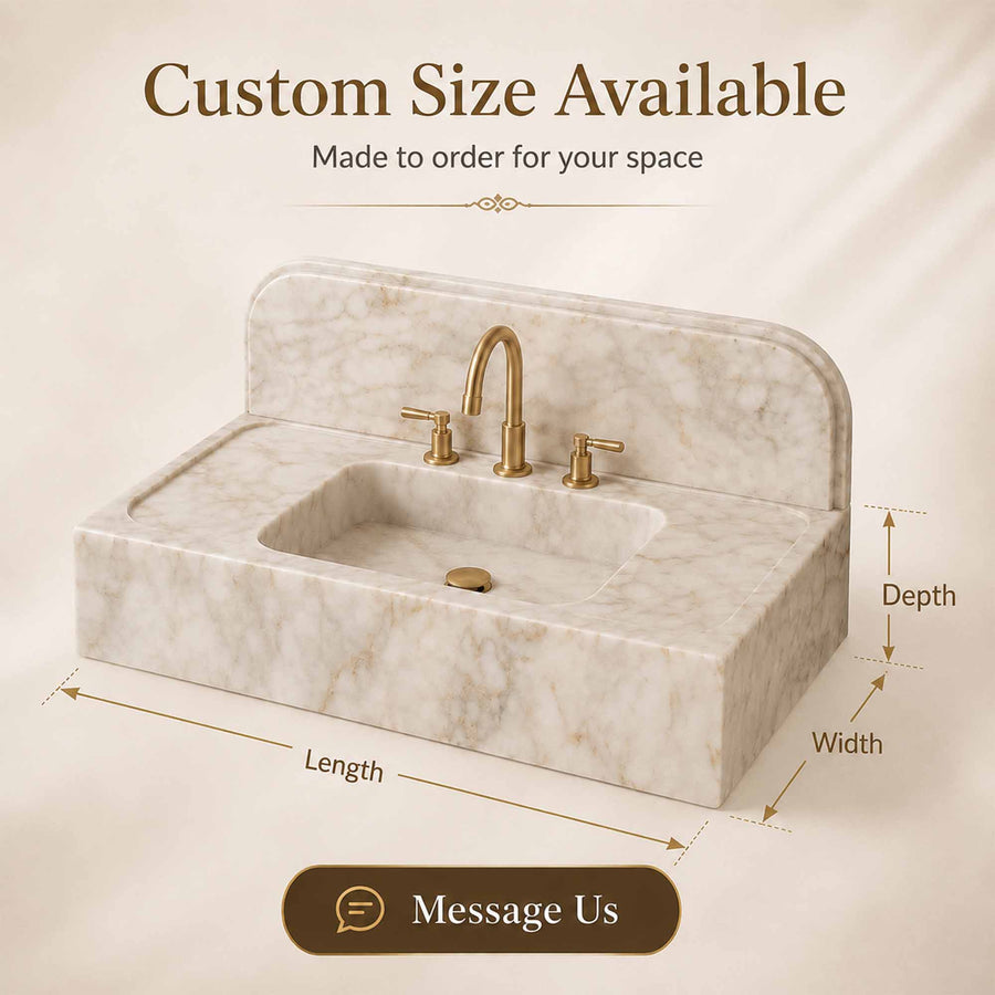 A freestanding rectangular sink with a marble-look surface and backsplash, shown with a gold faucet and handles. The image includes dimension labels for length, width, and depth, plus text stating 'Custom Size Available' and a 'Message Us' button on a warm beige background.