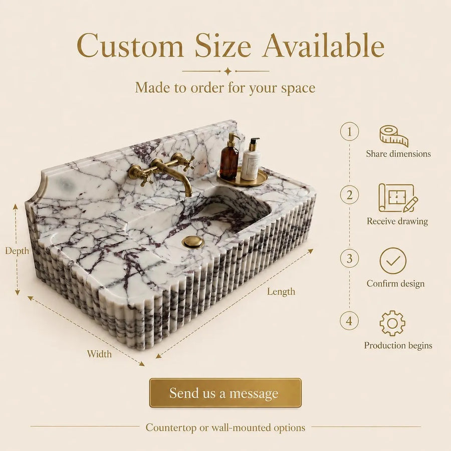 A marble bathroom sink vanity shown on a beige background with text reading 'Custom Size Available' and measurement arrows indicating depth, width, and length. There is also a numbered process list on the right and a 'Send us a message' button at the bottom.