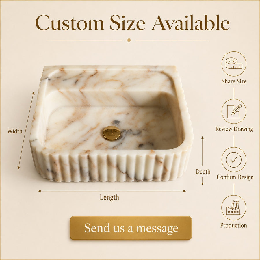 Custom marble sink dimension diagram — made to order width, depth, length