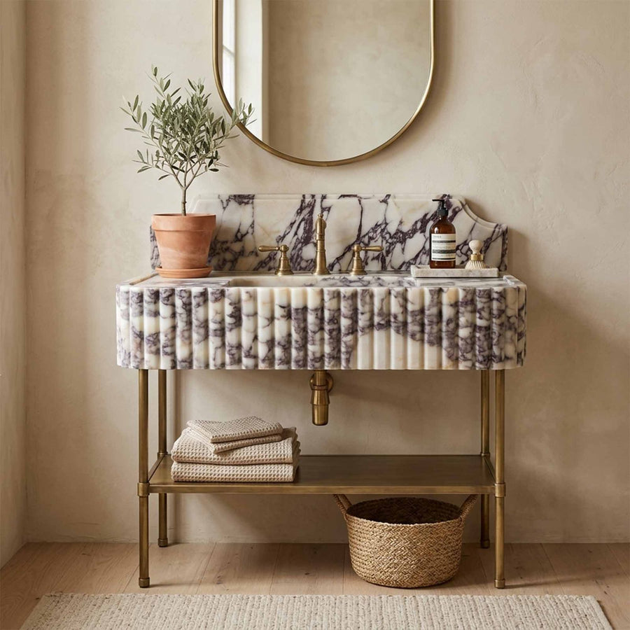 Custom marble sink with backsplash on open shelf console
