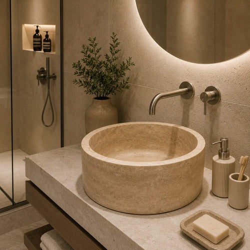 Bathroom with a stone sink, faucet, and toiletries.