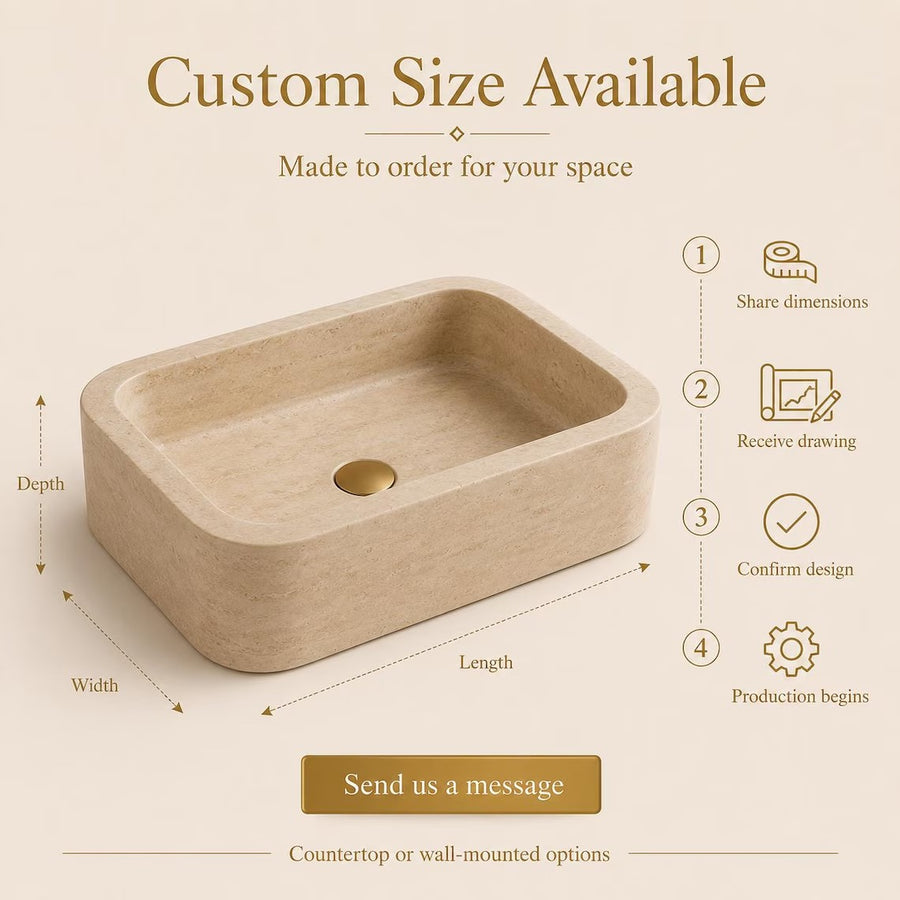 Custom travertine sink dimension diagram — length, width, depth