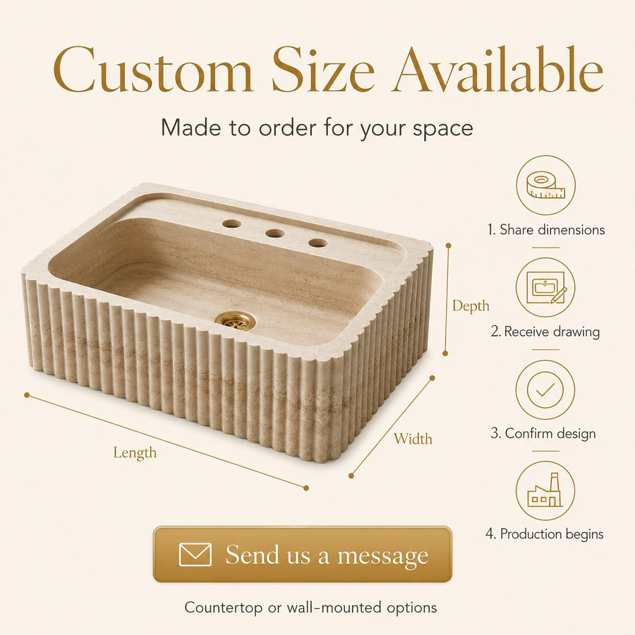 Custom fluted travertine sink dimension diagram — length, width, depth