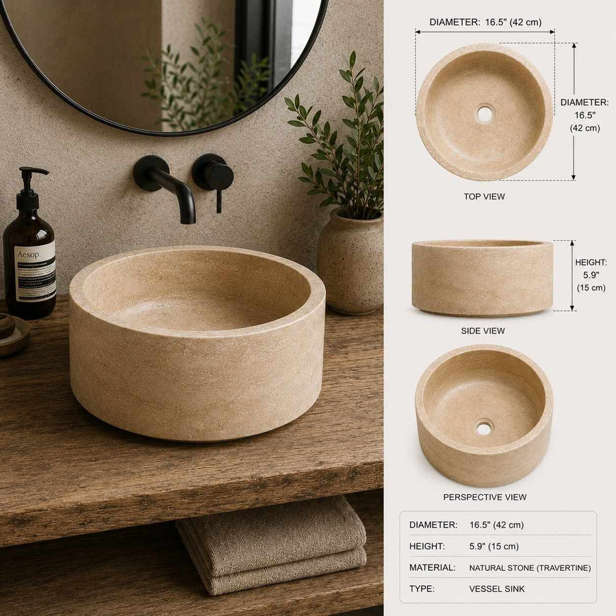 Beige stone sink on a wooden vanity with measurements and product details.