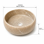 Beige stone sink with dimensions labeled on a white background