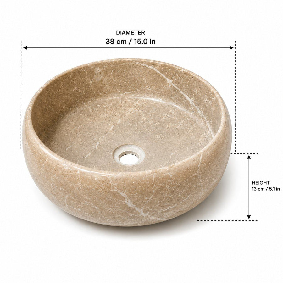 Beige stone sink with dimensions labeled on a white background