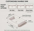 Customizable marble sink dimensions diagram showing width length depth and faucet hole options no hole one hole three holes