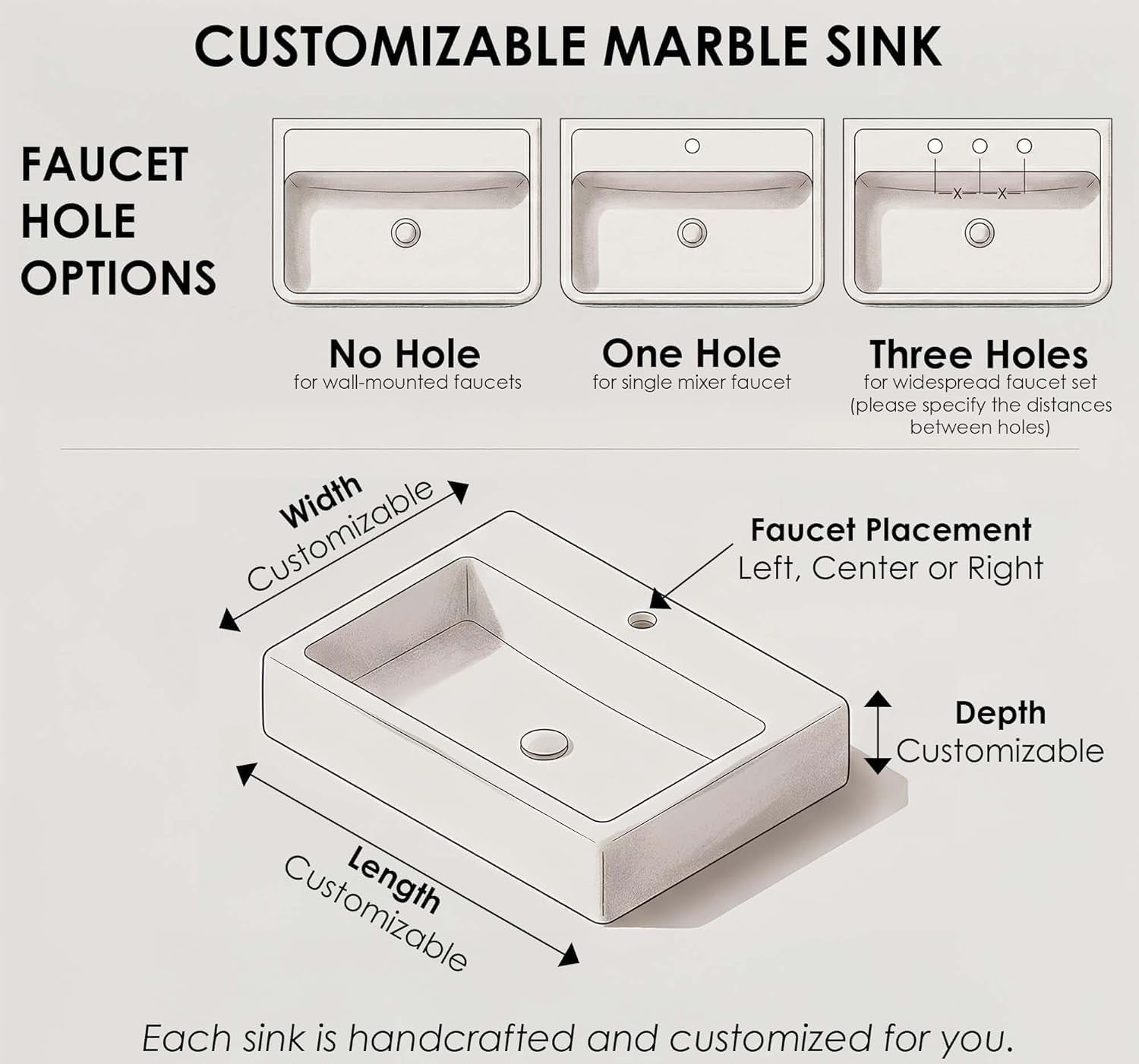 Customizable marble sink dimensions diagram showing width length depth and faucet hole options no hole one hole three holes