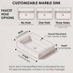 Customizable marble sink diagram showing faucet hole options, left center or right faucet placement, and adjustable sink length, width, and depth.