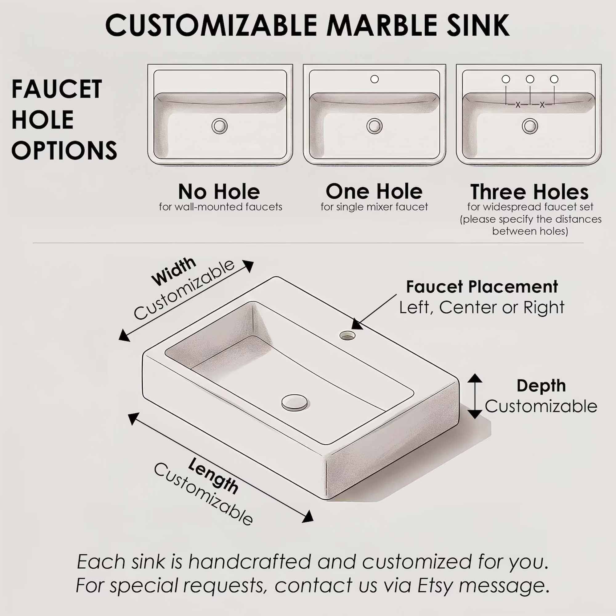 Customizable marble sink diagram showing faucet hole options, left center or right faucet placement, and adjustable sink length, width, and depth.
