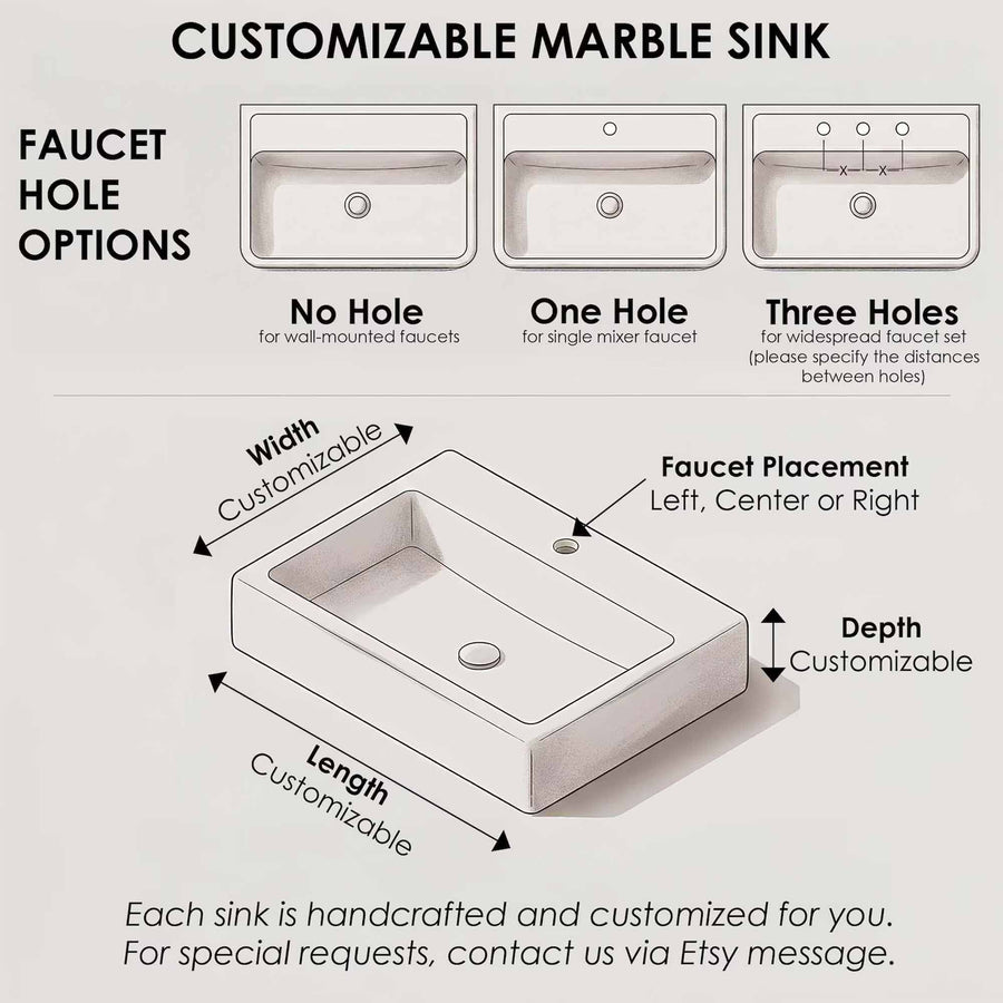 Customizable marble sink diagram showing faucet hole options, left center or right faucet placement, and adjustable sink length, width, and depth.