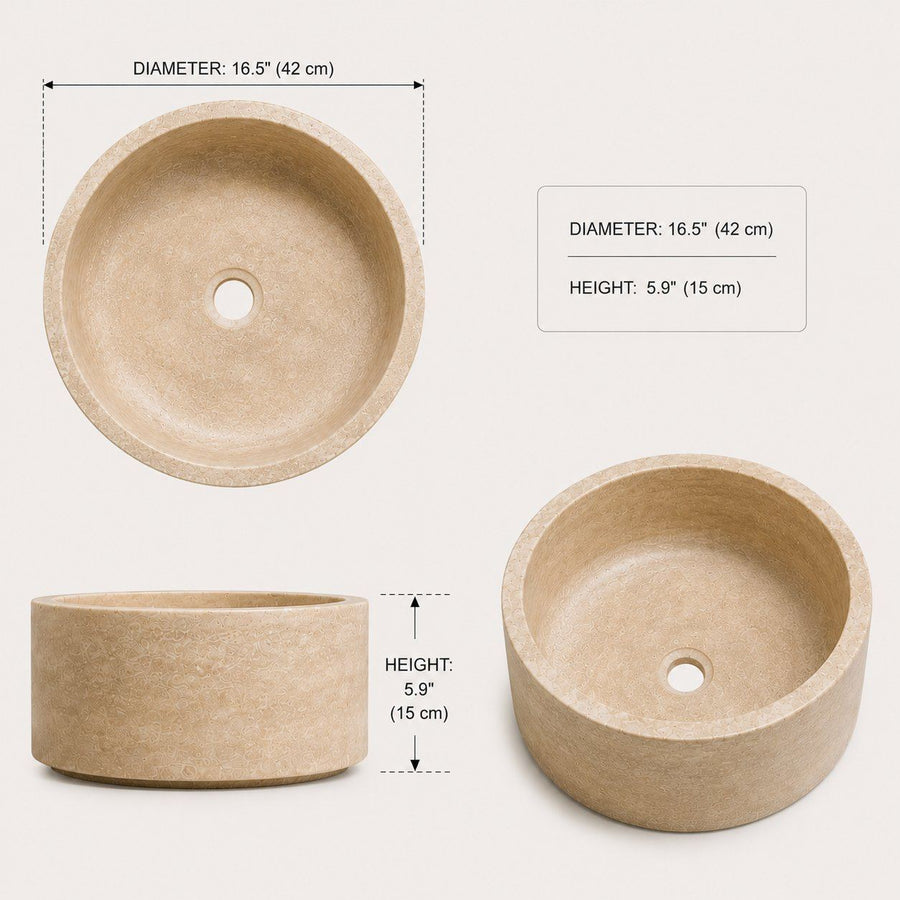 Three beige stone sinks with dimensions displayed on a white background