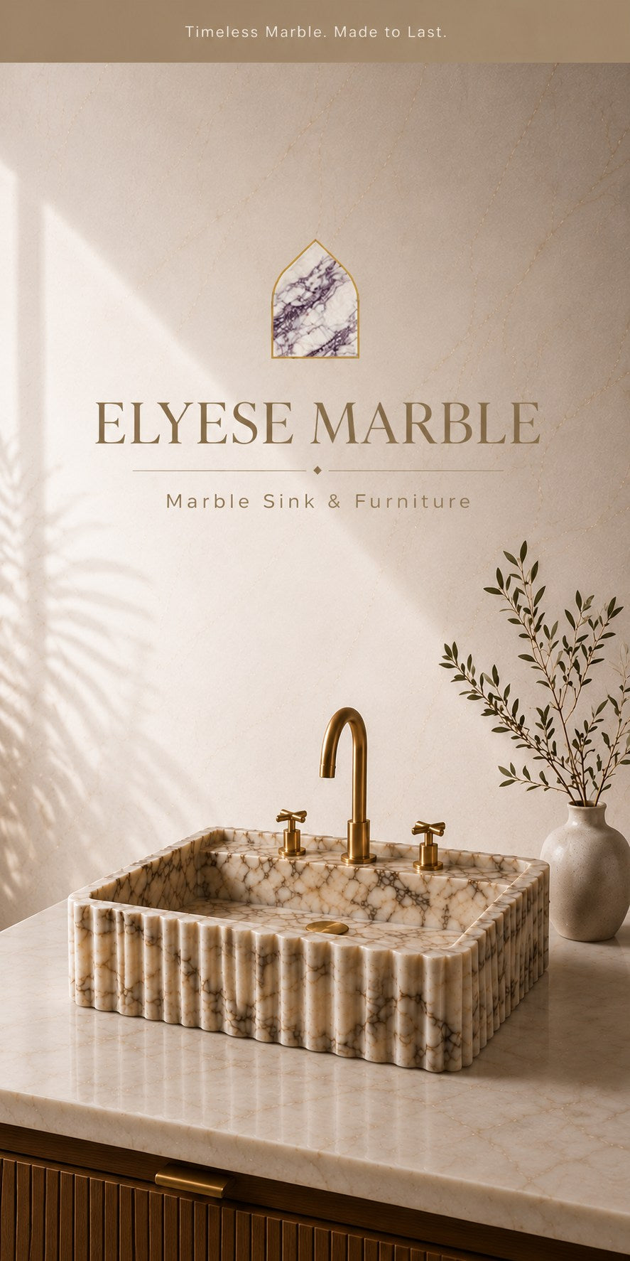 Luxury hand-carved marble bathroom sink with brass fittings - Elyese Marble custom marble sinks, bathroom furniture & coffee tables