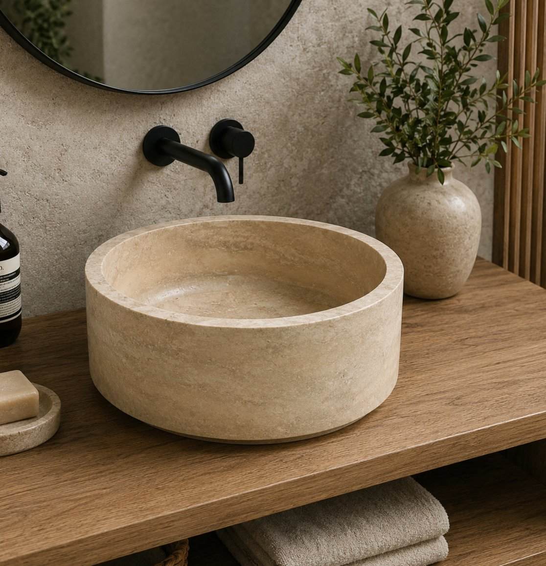 Bathroom vanity with a stone sink, black faucet, and decorative elements.