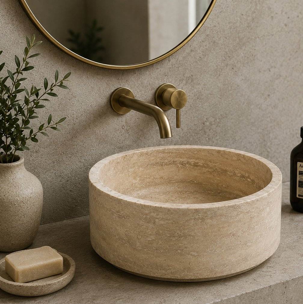 Bathroom with a stone sink, gold faucet, and decorative elements.