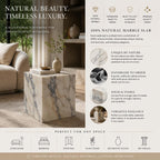 Marble pedestal with interior setting and product features on the right.
