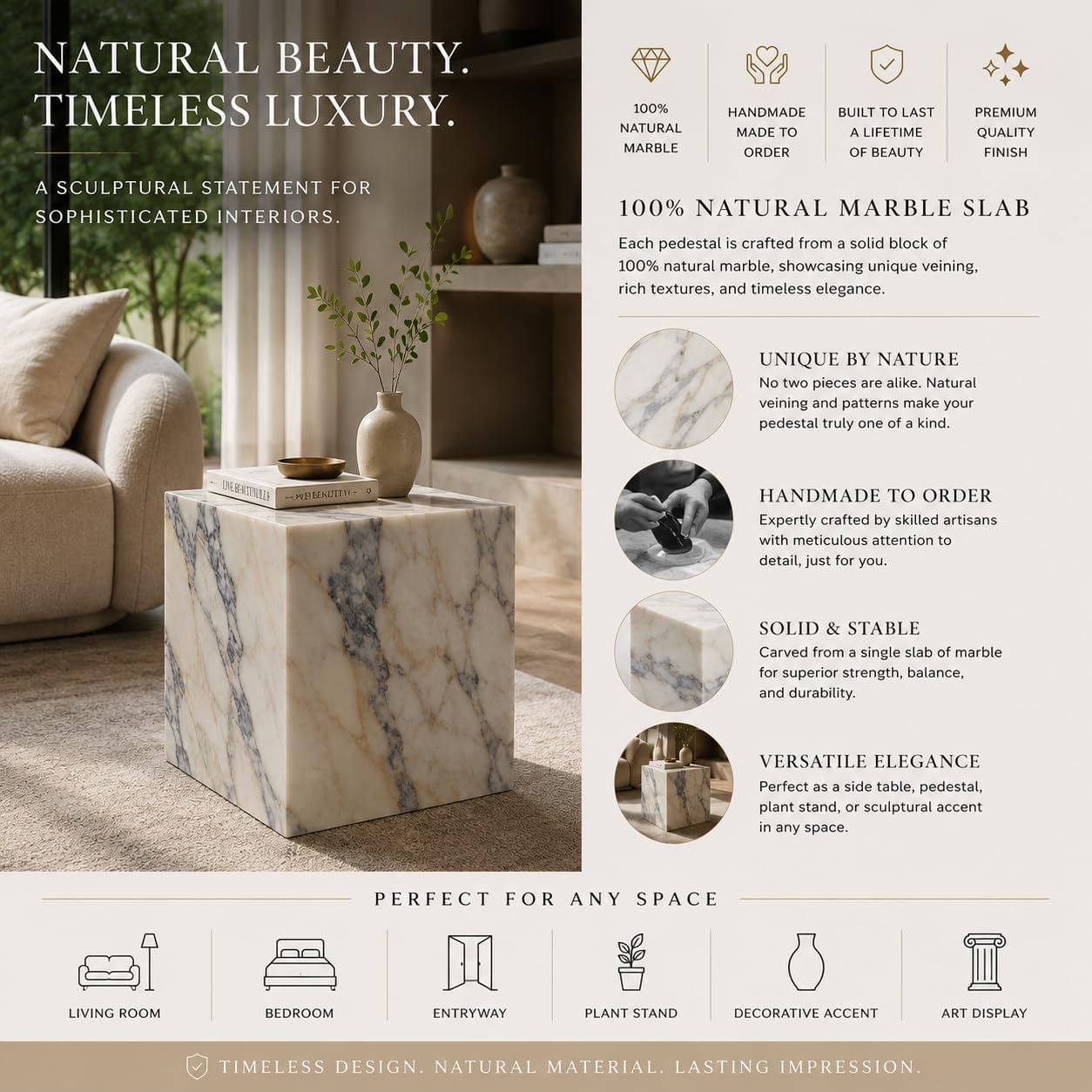 Marble pedestal with interior setting and product features on the right.
