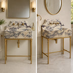 Fluted marble sink on brass console legs – faucet and full view