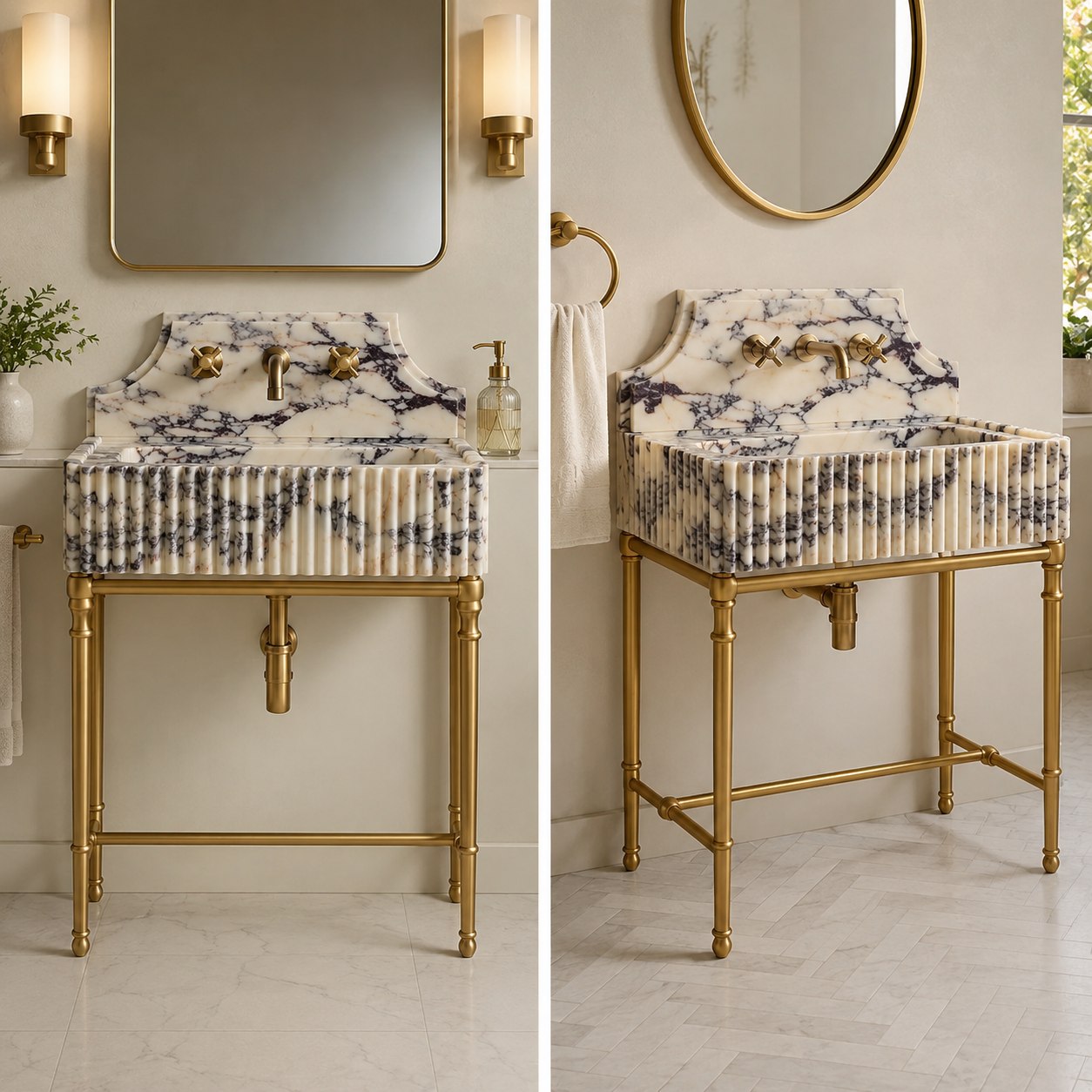 Fluted marble sink on brass console legs – faucet and full view