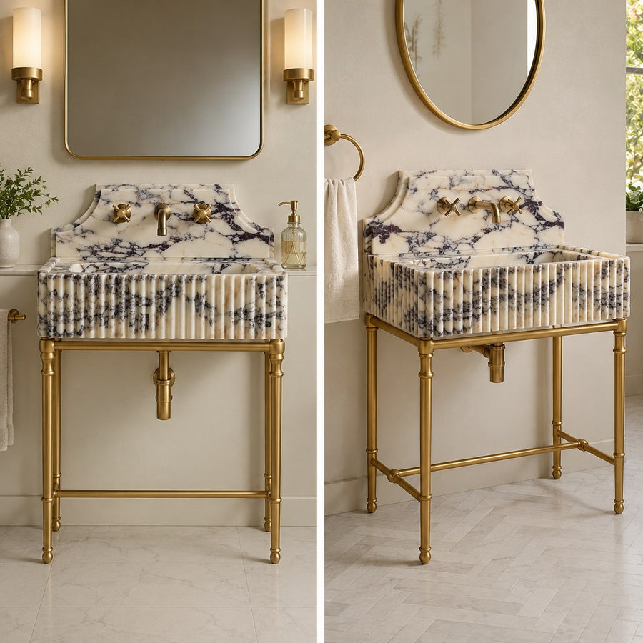 Fluted marble sink on brass console legs – faucet and full view