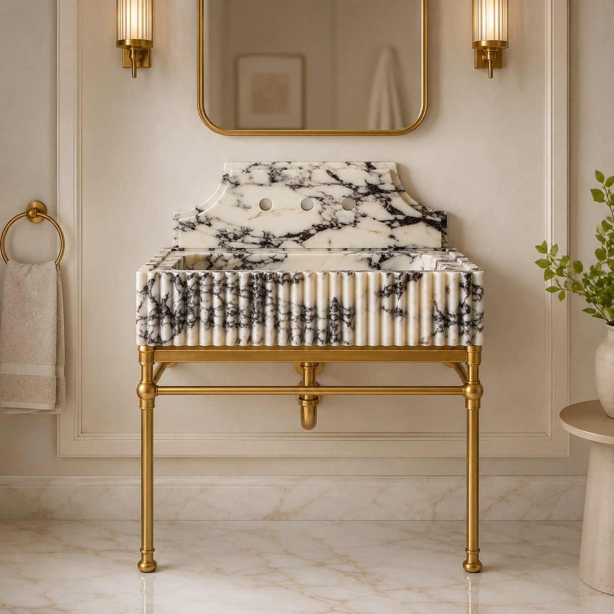 Fluted marble sink on brass console legs against cream paneled wall