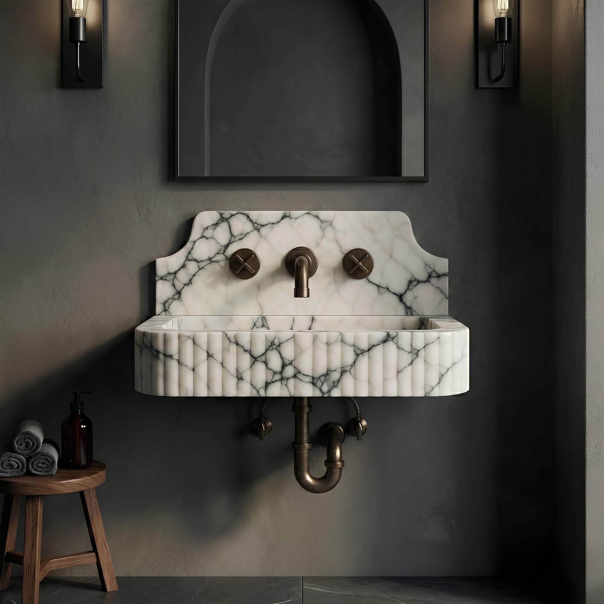 A modern wall-mounted bathroom sink with a white marble basin featuring dramatic dark gray veining, set against a dark gray textured wall. The sink has a fluted front, a central round faucet, two separate round side knobs, and a visible brass P-trumpet pipe.
