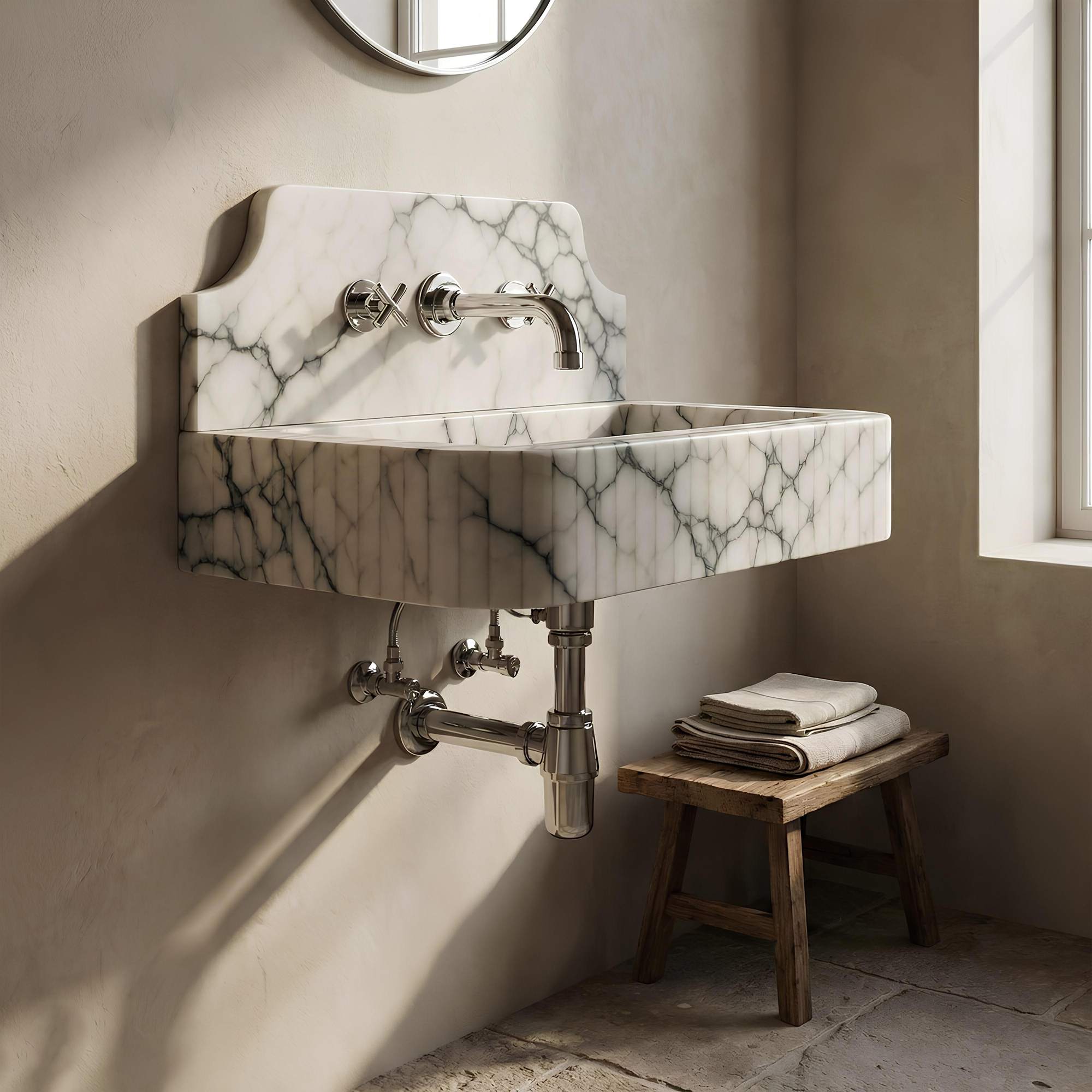 Wall-mounted marble sink with metallic fixtures in a bathroom setting.