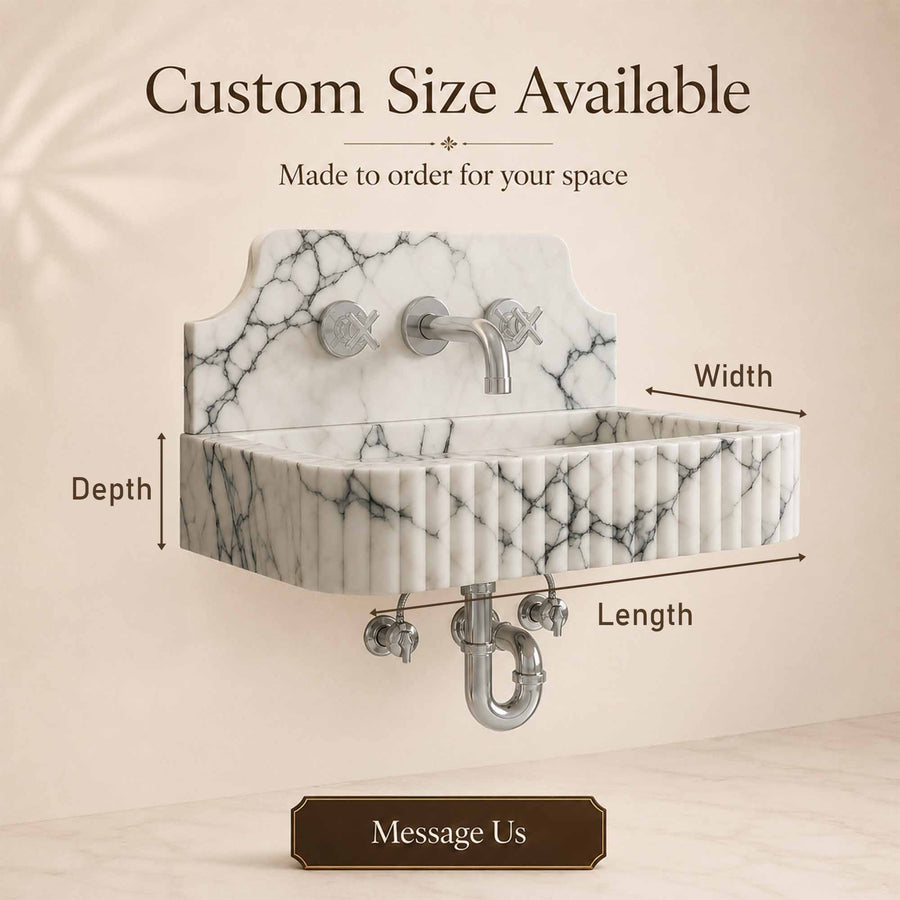 A wall-mounted marble sink with chrome faucet and plumbing hardware shown on a beige background, with text indicating customizable size and arrows labeling width, depth, and length.