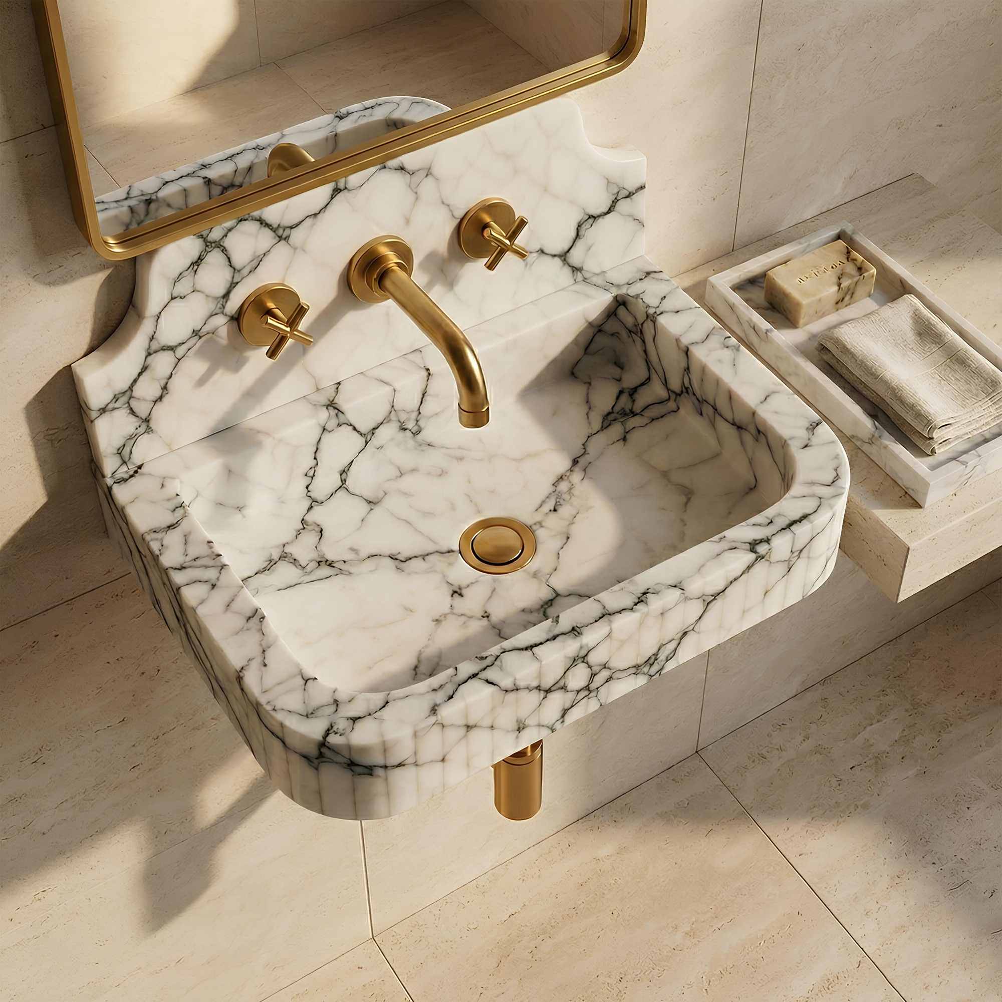 A wall-mounted bathroom sink with a white marble basin featuring dramatic black veining, paired with a brushed gold faucet, handles, and mirror frame. The sink is mounted on a beige tiled wall with a matching marble soap dish holding folded towels on the right.