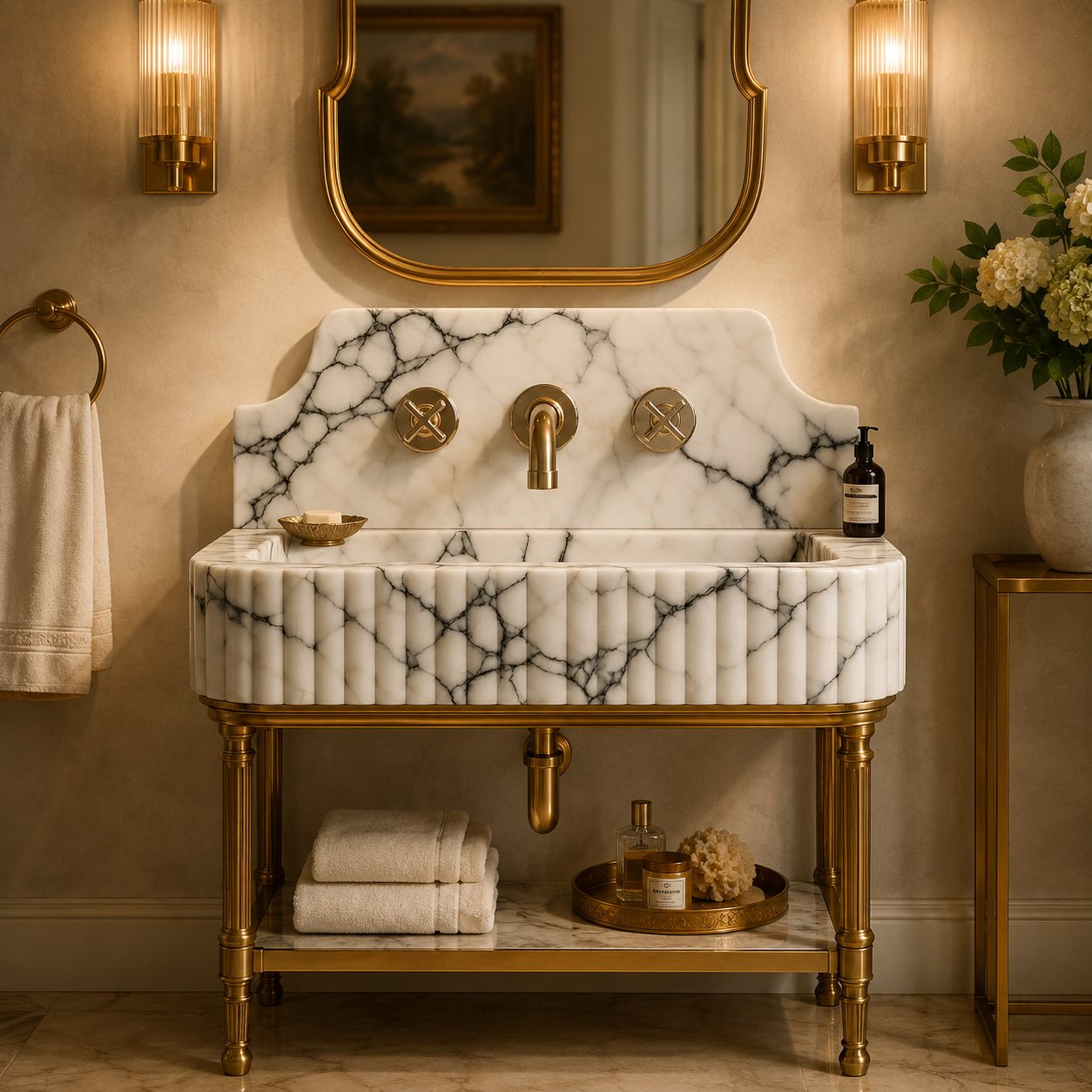 An elegant bathroom vanity featuring a white marble sink with dramatic black veining, a matching marble backplate, and a polished gold brass pedestal base and fixtures. The vanity is styled in a luxurious bathroom setting with a gold-framed mirror, wall sconces, a towel, and toiletries.