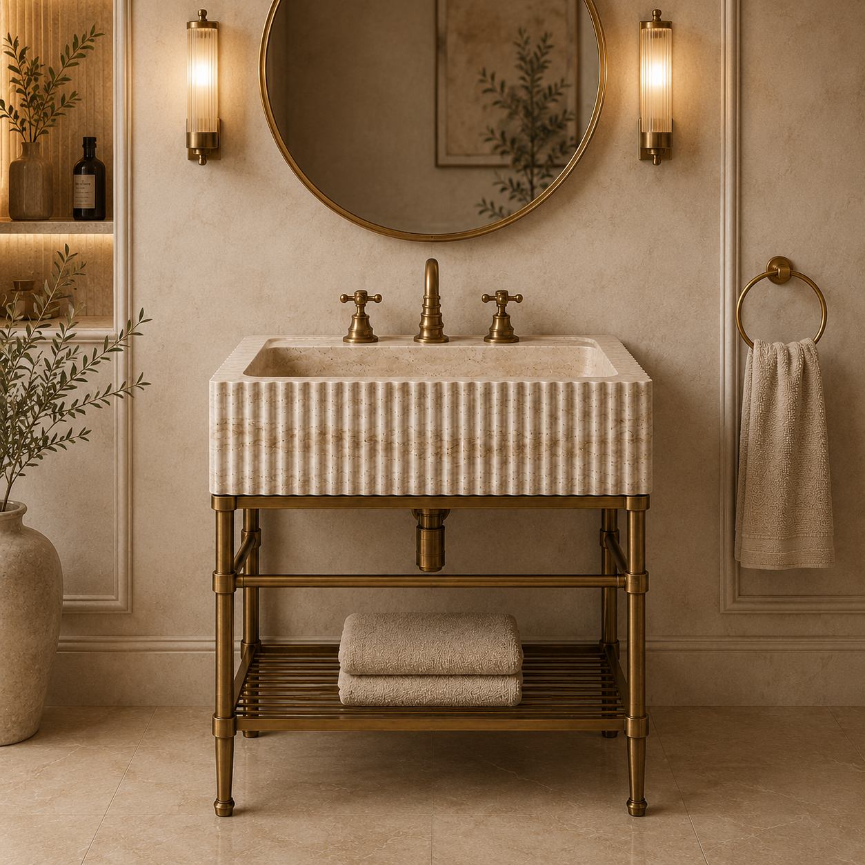 Fluted travertine sink on a brass console in a beige paneled bathroom with round mirror