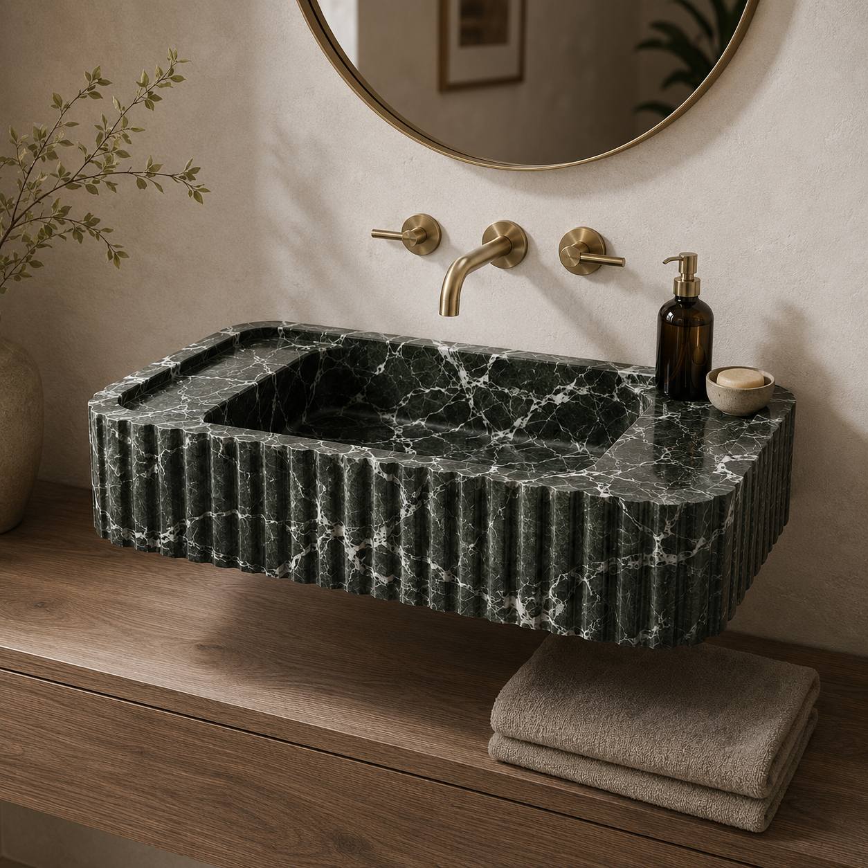 Green Levanto marble fluted sink on a wood vanity with brass faucet