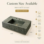 A dark green marble-look rectangular sink with a fluted front edge, shown on a beige background with text reading 'Custom Size Available' and dimension callouts for length, width, and depth. Additional icons on the right describe the ordering process.