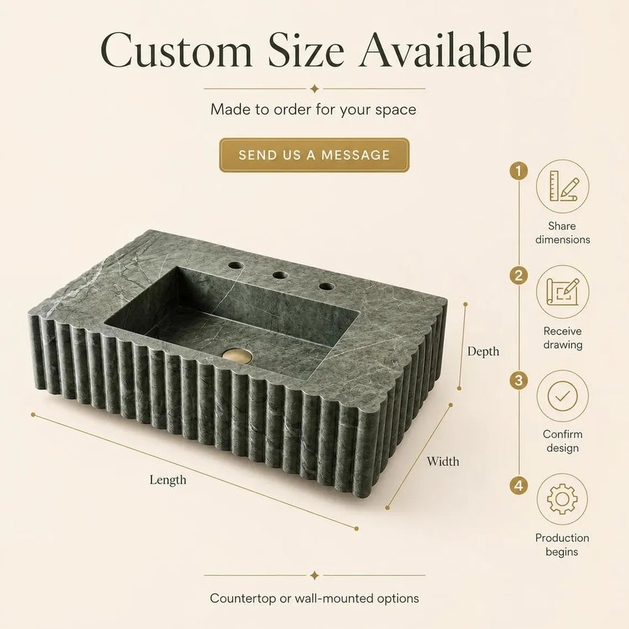 A dark green marble-look rectangular sink with a fluted front edge, shown on a beige background with text reading 'Custom Size Available' and dimension callouts for length, width, and depth. Additional icons on the right describe the ordering process.