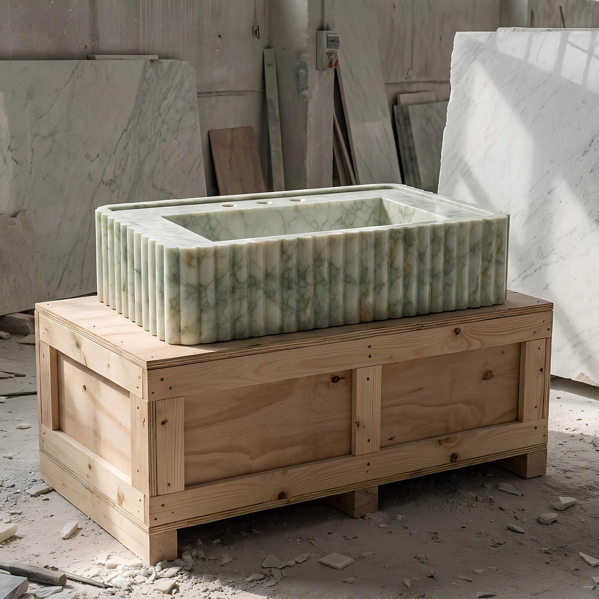 A rectangular green marble sink basin with a ribbed exterior, displayed on top of a light wood crate in a workshop setting with marble slabs in the background.